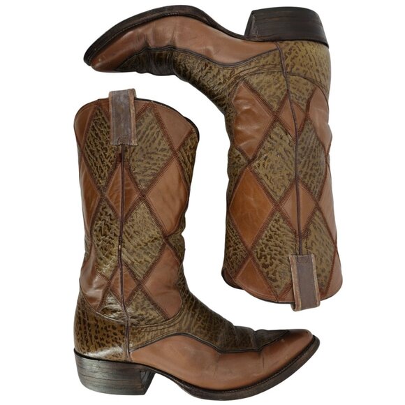 Vintage Nocona Boots Exotic Shark skin + Leather Diamond Patchwork Cowboy Men 9D - Picture 7 of 14